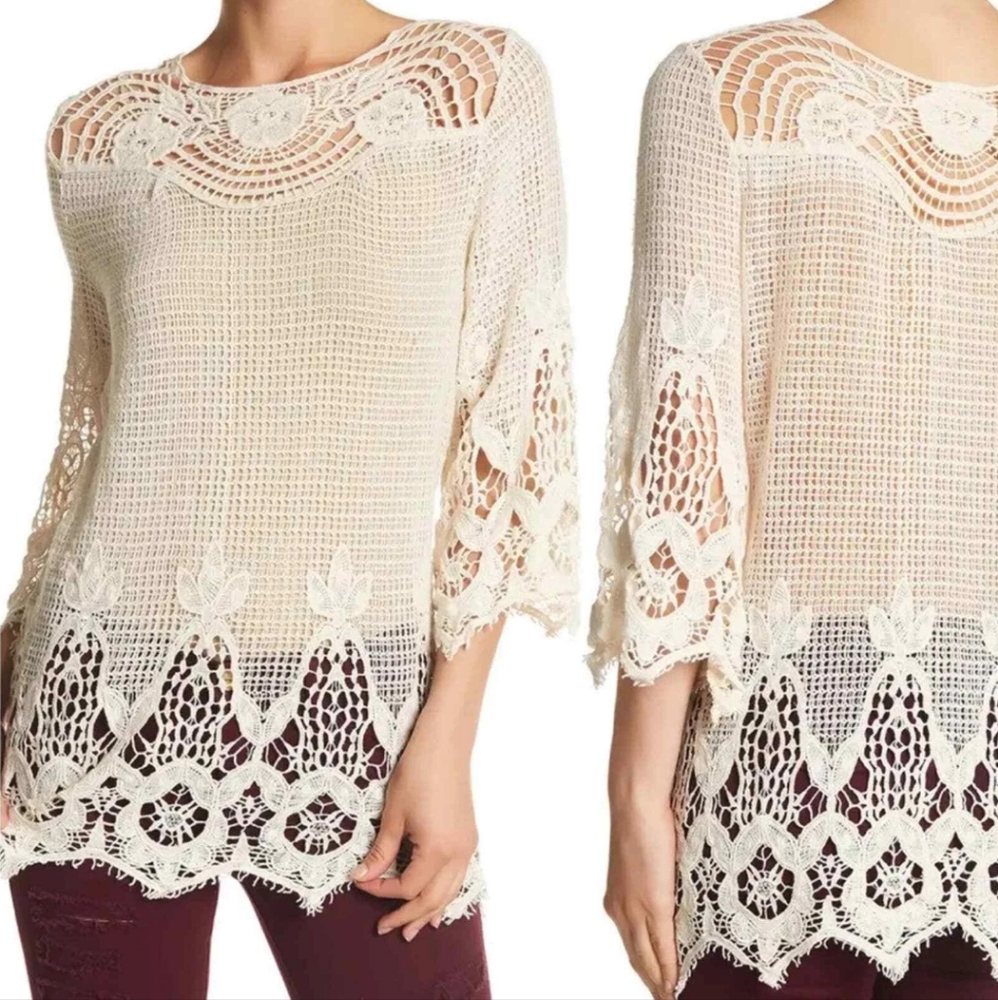 Embroidered Open Waffle Knit Boho Top Size Large BNWT